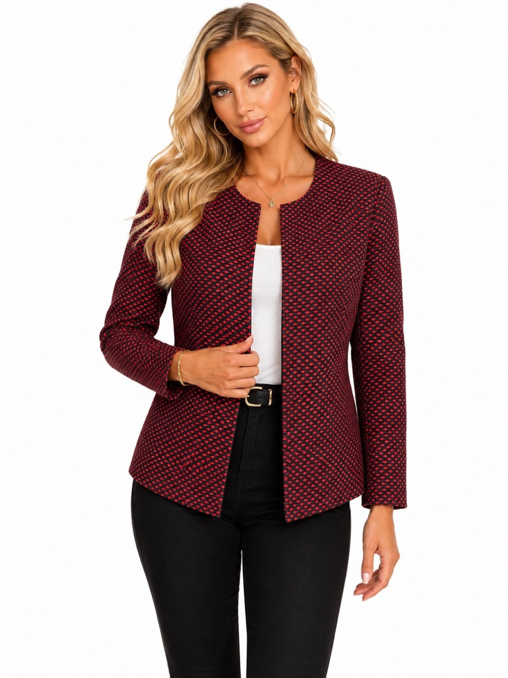Le Suit Size 8P Red Black Textured Open Front Career Jacket Blazer